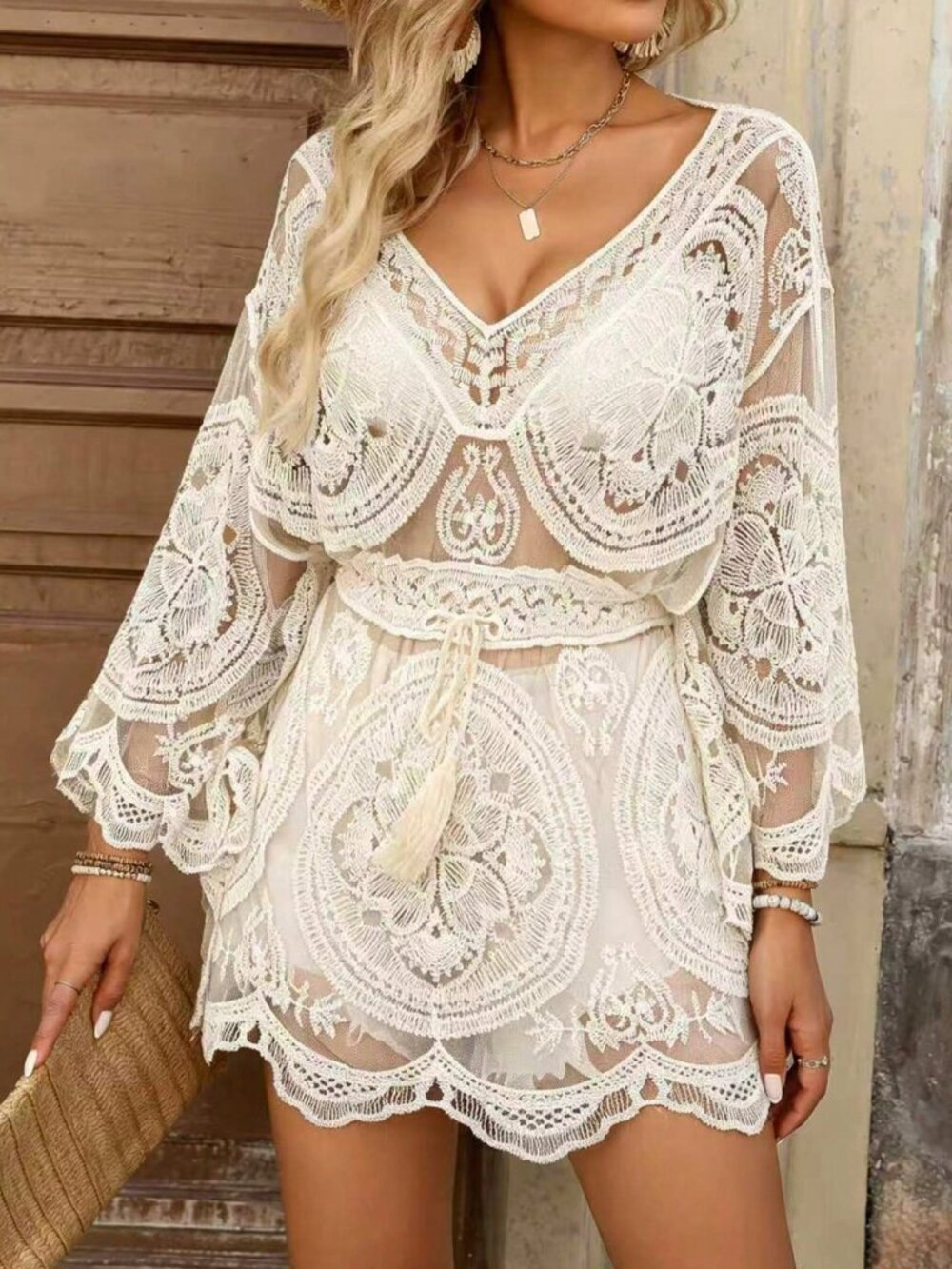 Apricot Boho Chic Women's Paisley Knit Beach Cover-Up with Batwing Sleeves - Picture 5 of 6